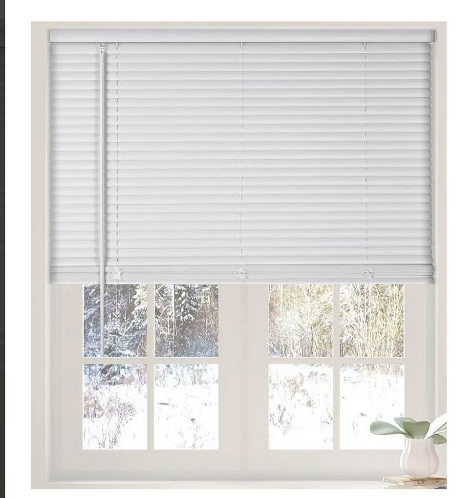 Calyx Interiors Cordless White 1” Light Filtering Mini Blinds 34"W x 60"H Window Blinds for Home, Vinyl horizontal blinds for indoor windows