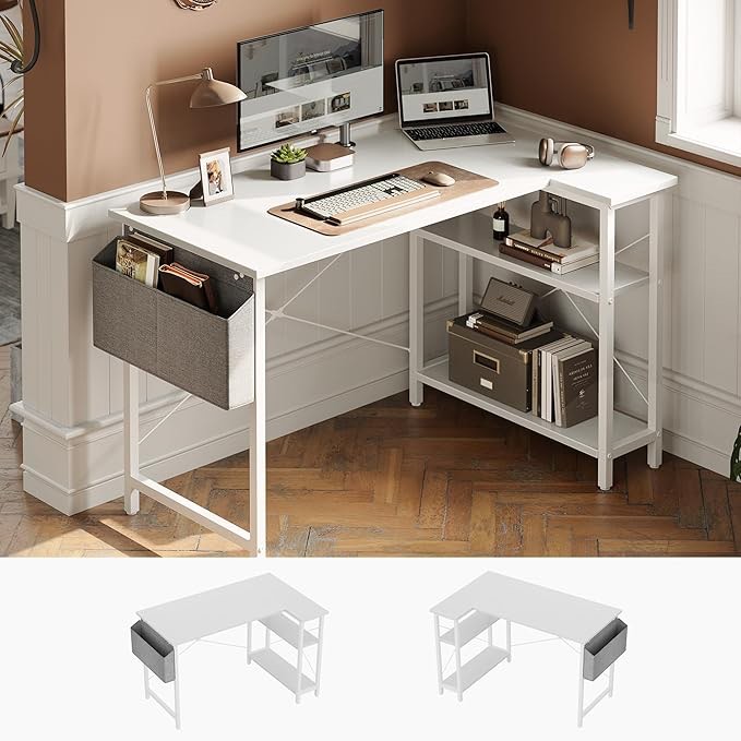 L Shaped Desk, 40" Computer Desk with Reversible Storage Shelves Home Office Corner Desk Study Writing Gaming Table, Pure White