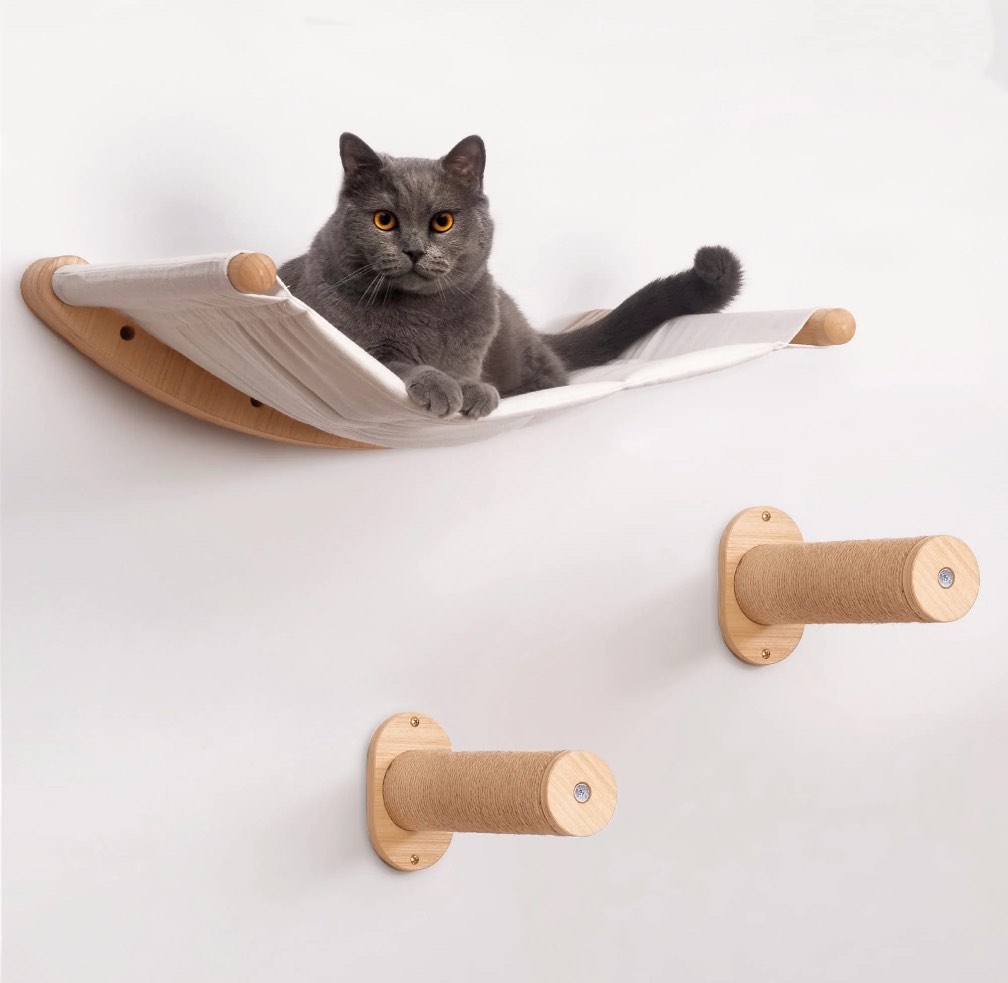 Cat Hammock Wall Mounted Cat Shelf with Two Steps - Cat Wall Shelves and Perches for Sleeping, Playing, Climbing, and Lounging - Modern Cat Bed & Furniture for Large Cats or Kitty