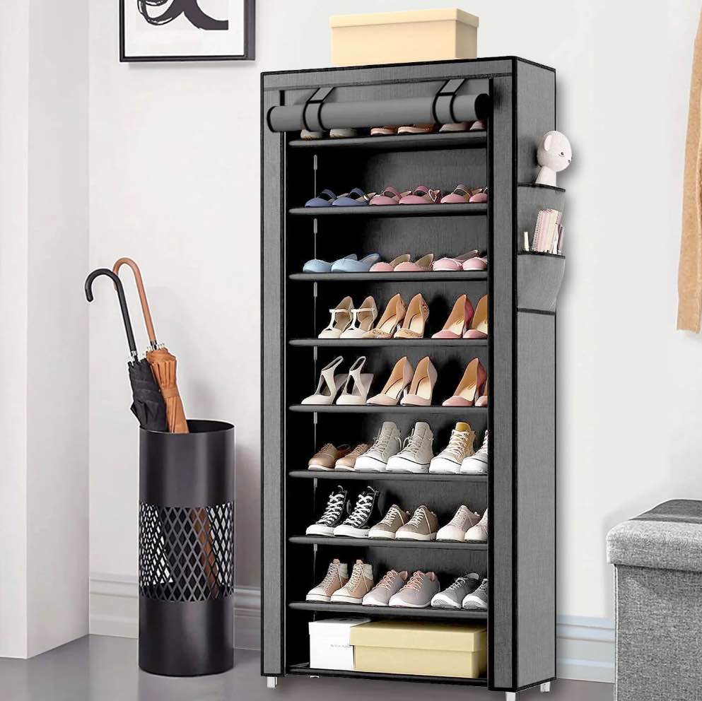 10 Tier Shoe Rack with Covers, Large Capacity Stackable Tall Shoe Organizer Storage, Sturdy Metal Free Standing Shoe Shelf for Closet Entryway Garage