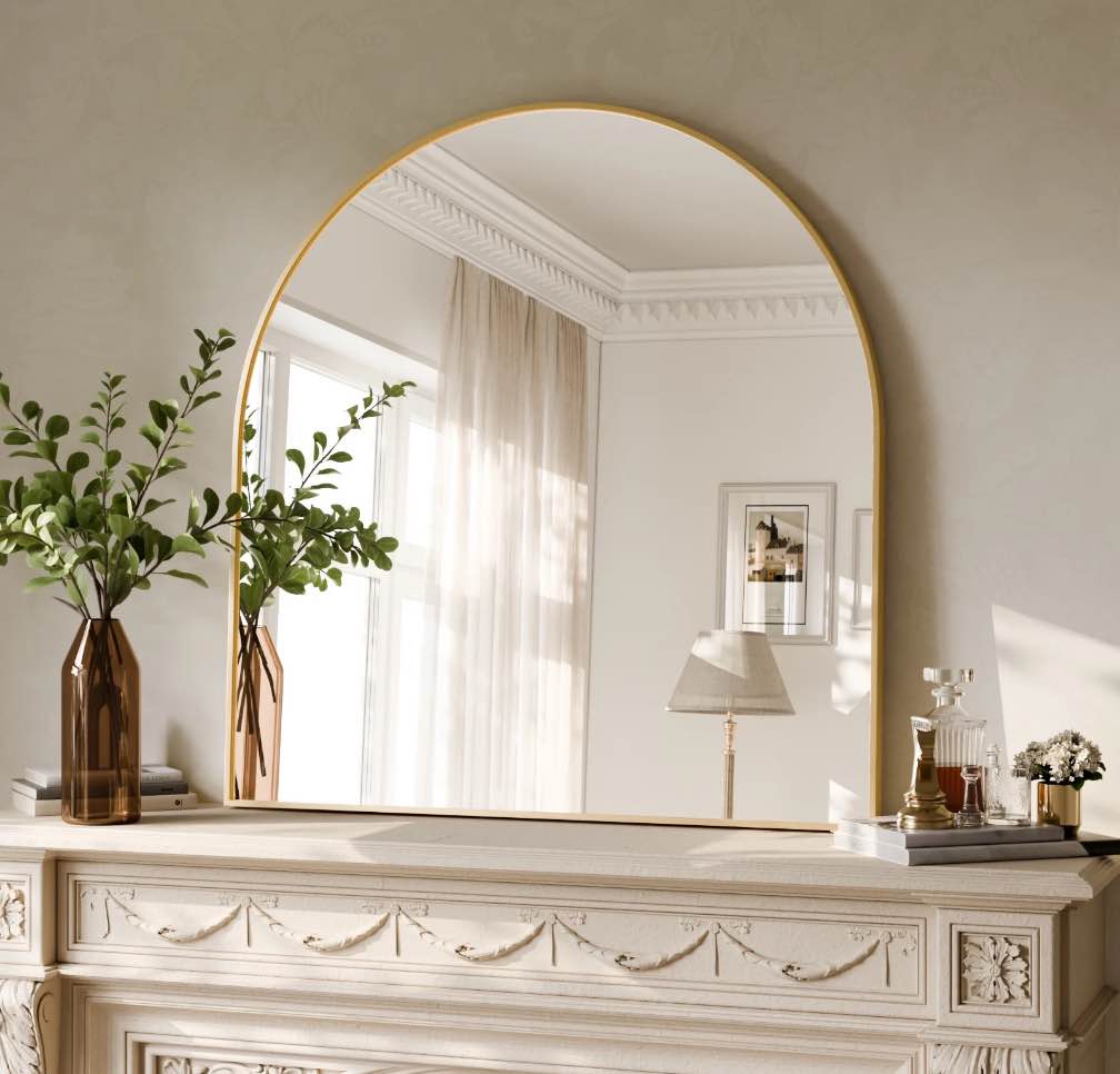 HARRITPURE 34"x32" Arched Bathroom Mirror Wall Mounted Mirror with Aluminum Alloy Frame, Gold