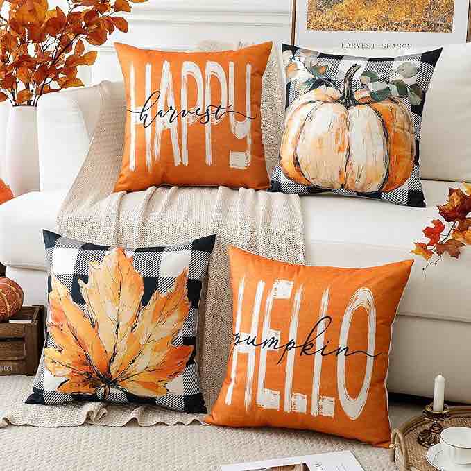 Fall Decor Pillow Covers 16x16 Set of 4 Buffalo Plaid Pumpkin and Maple Leaves Outdoor Pillows Decor