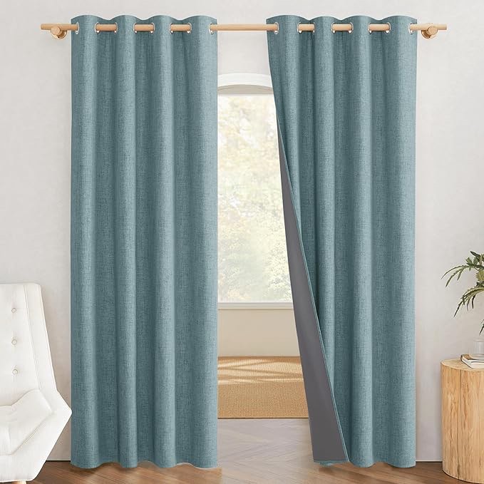 NICETOWN Stone Blue Vintage Linen 100% Blackout Curtains for Living Room, Thermal Insulated Curtains
