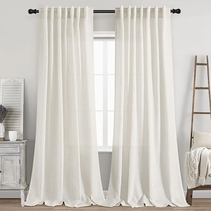 XTMYI 96 Inches Long Modern Farmhouse Linen Curtains for Living Room,Hang Pin Hooks Back Tab Sheer P