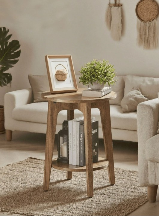 Round End Table Farmhouse Small Side Table Living Room Corner Table Drink Table Rustic Walnut