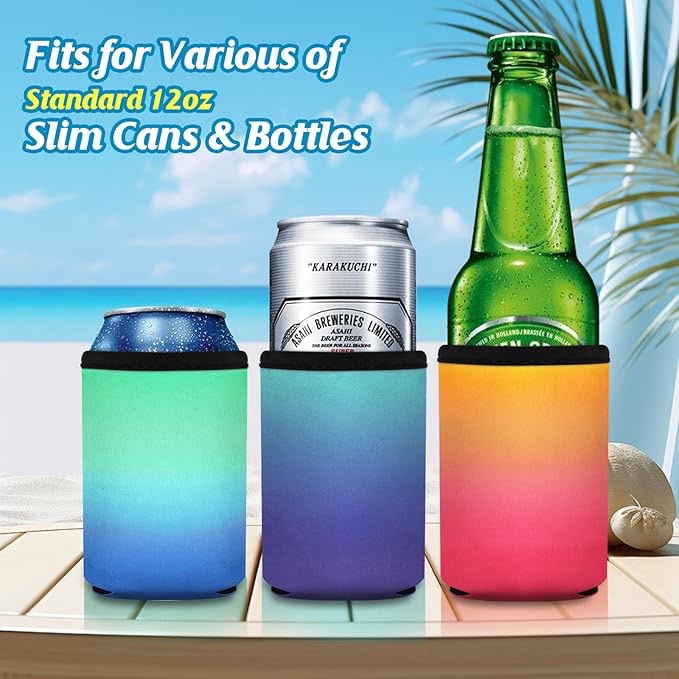 12 Pack Insulated Slim Can Cooler Sleeves, Sublimation Neoprene Iced Drink Holder for Cold Beer or Soda, 12oz Skinny Tall Beverage covers for Summer Parties, Wedding Supplies(Gradient Set) 12oz Slim Cans-Gradient 12 Pack