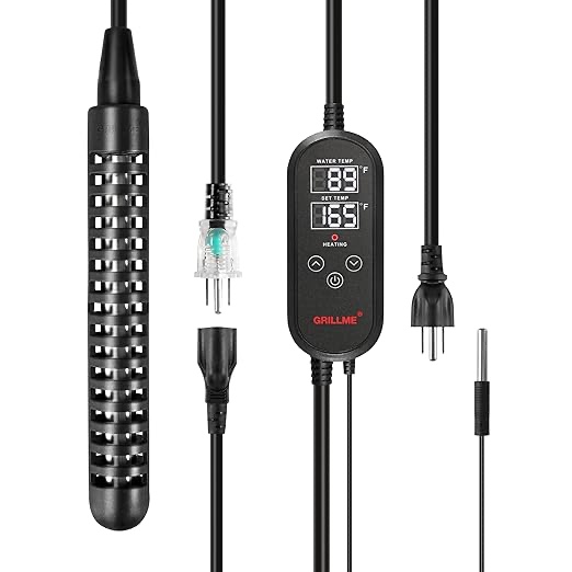 GRILLME 1300W Titanium Fully Submersible Portable Electric Immersion Water Heater with Intelligent T