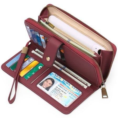 gaekeao wallet for women clutch rfid blocking leather wristlet purse large capacity credit card holder with grip hand strap