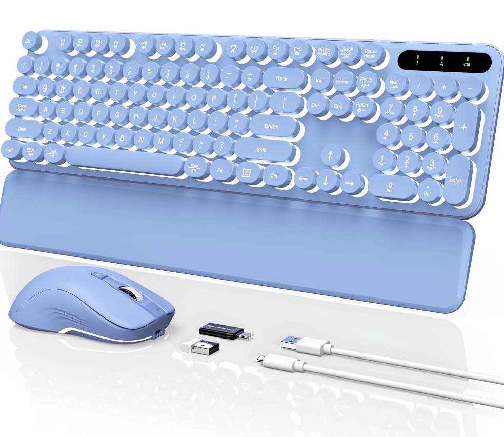 Wagpak Wireless Keyboard and Mouse Backlit - Retro Round Keycaps, Detachable Wrist Rest, Taro Purple