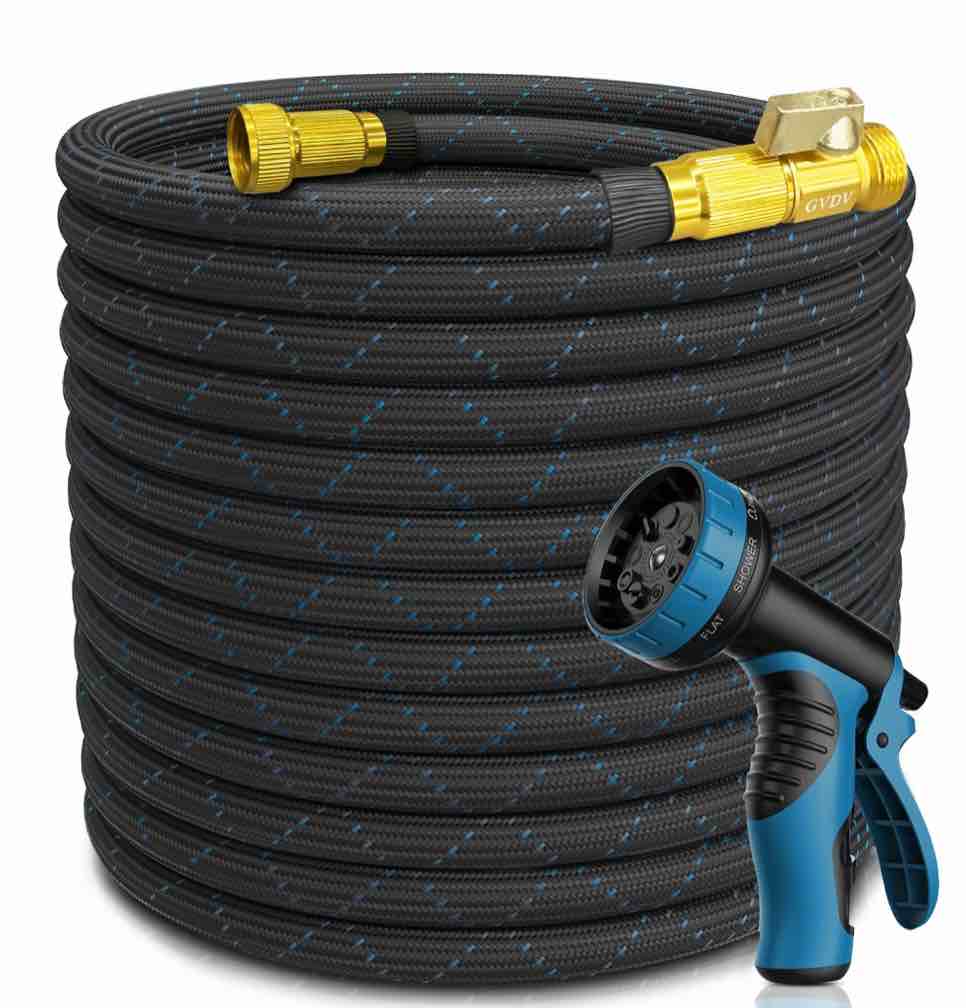 GVDV 100 Ft Garden Hose - Durable Fabric Skin Water Hose with 10-Way Spray Nozzle, Explosion-Proof, Perfect for Commercial & Residential