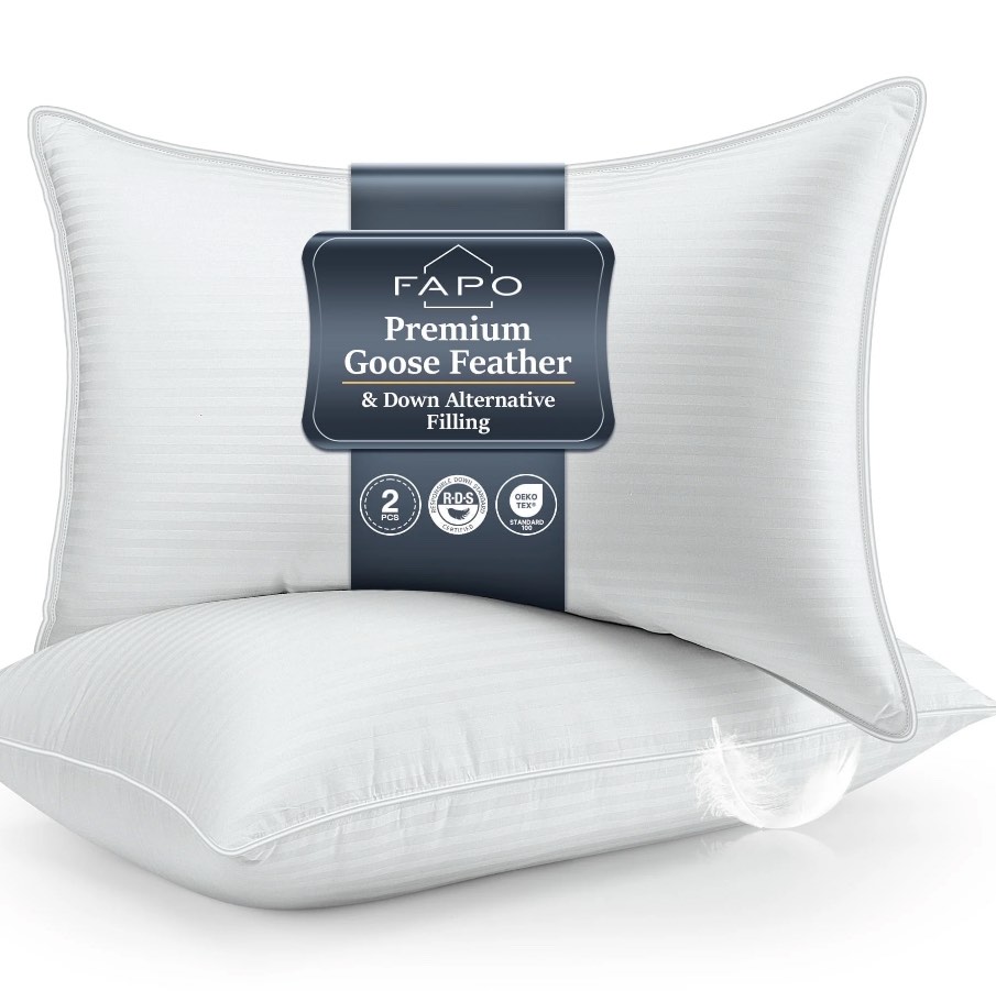FAPO Goose Feather Pillows Queen Size Set of 2, Hotel Down Bed Pillow for Sleeping,Soft 600 TC Cotton Cover