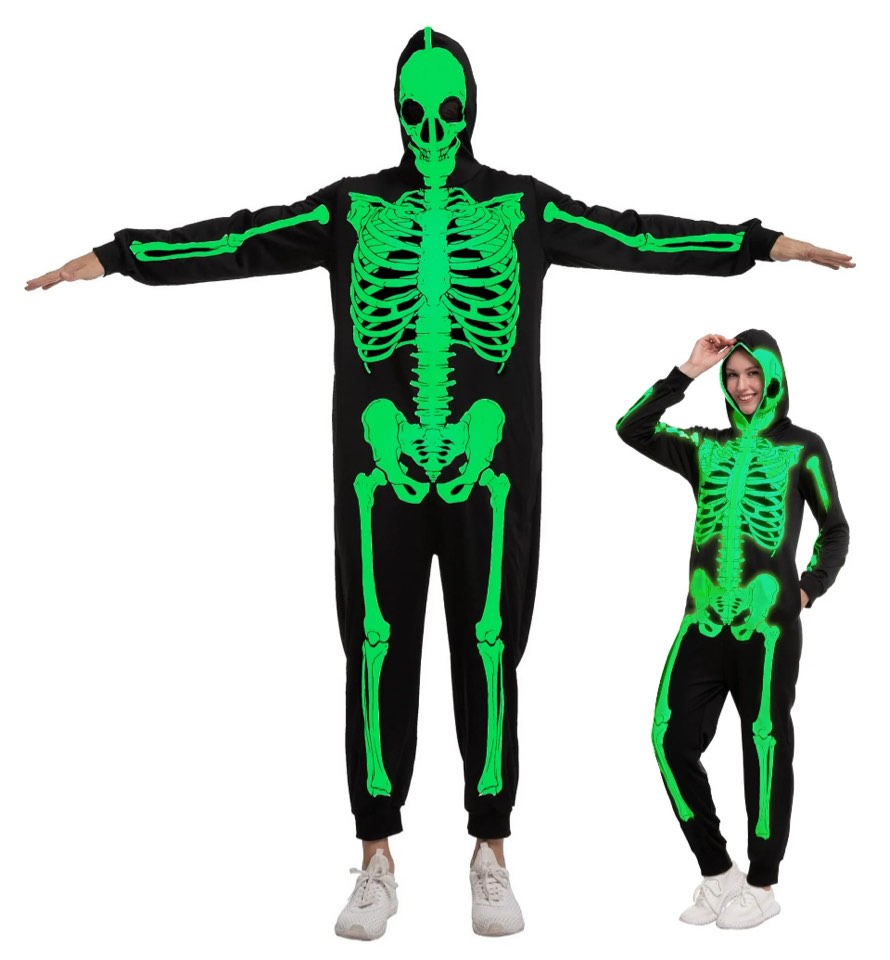 Joyfy Women's Adult Skeleton Costume, Glow-in-the-Dark Zippered Hoodie Skeleton Costume, Suitable for Halloween Dress-up Party small