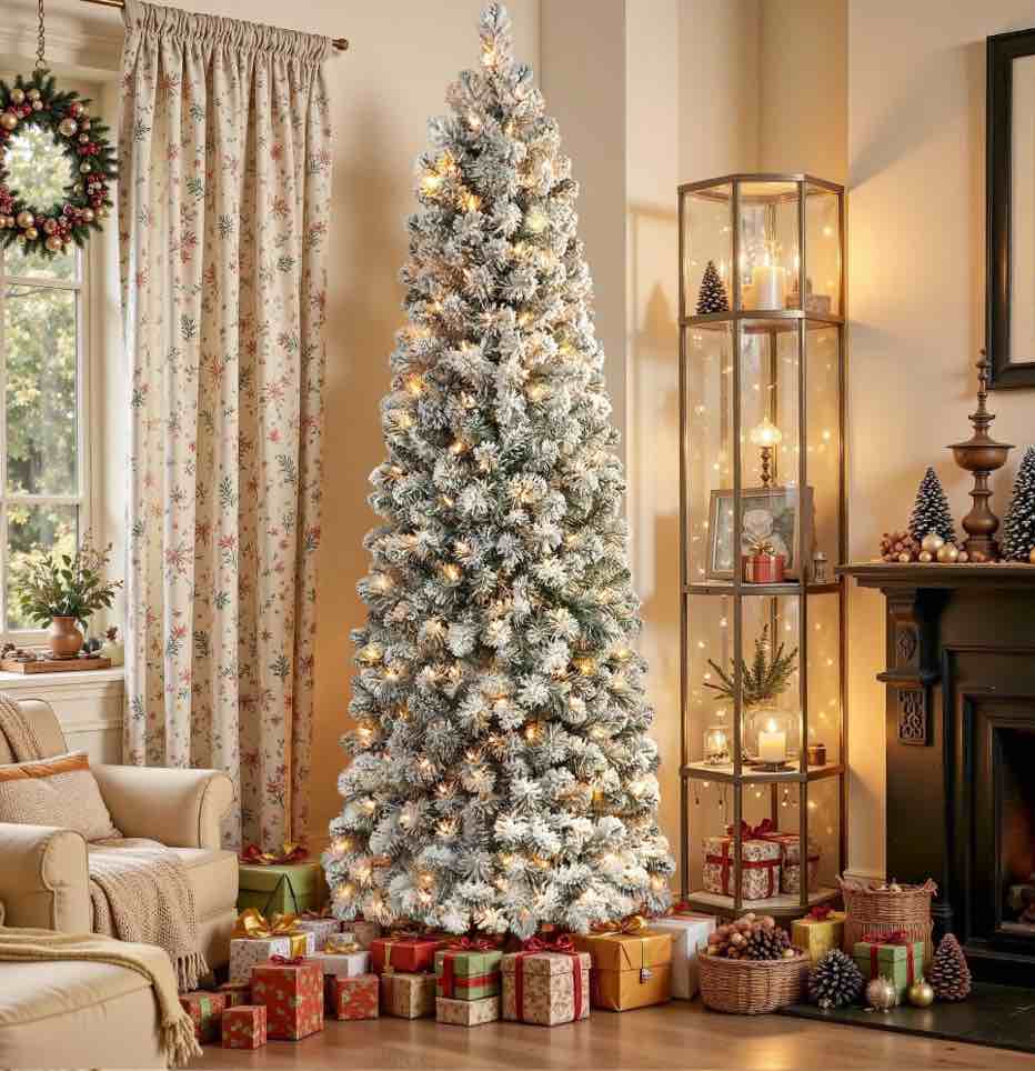 Alupssuc 7.5ft Prelit Snow Flocked Artificial Pencil Christmas Tree with Warm White Lights, Full Branch Tips, Perfect Choice Decoration for Xmas Holiday
