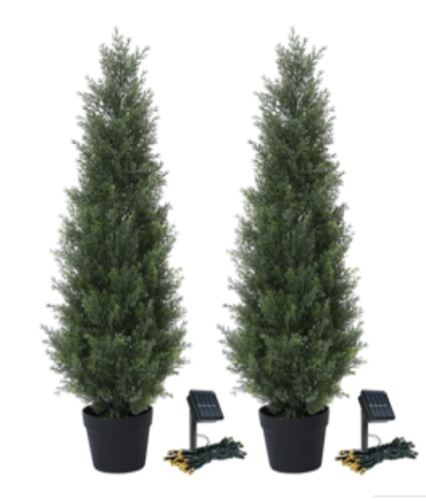 2 Pack 3ft Artificial Cedar Topiary Trees for Outdoors, Fake Cypress Plants with Solar Light String, Faux uv resistant Plants for Home Front Porch Decor, Housewarming Gift