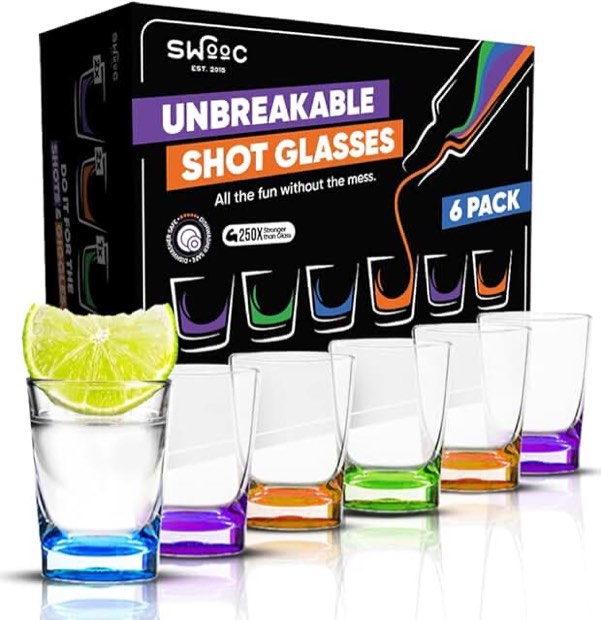 SWOOC Games - Tall Unbreakable Shot Glasses Set (6 Pack) - 250x Stronger Than Glass, 25x Stronger Th