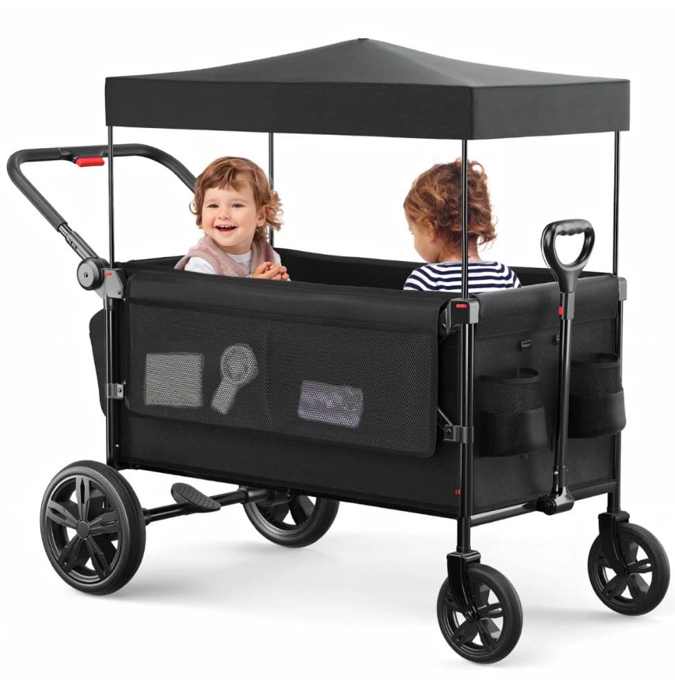 SACVON All-Terrain Stroller Wagon for Toddlers with Canopy, Parent Organizer, Adjustable Handlebar, 2 Cup Holders