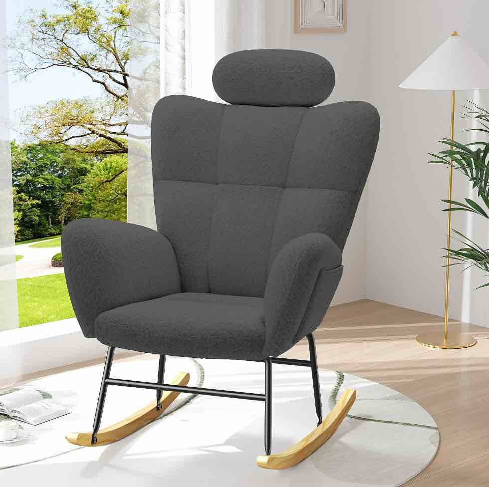 UHOMEPRO Modern Teddy Fabric Rocking Chair, Accent Rocker Chair with High Backrest, Accent Glider Rocker for Living Room Bedroom Playroom, Gray