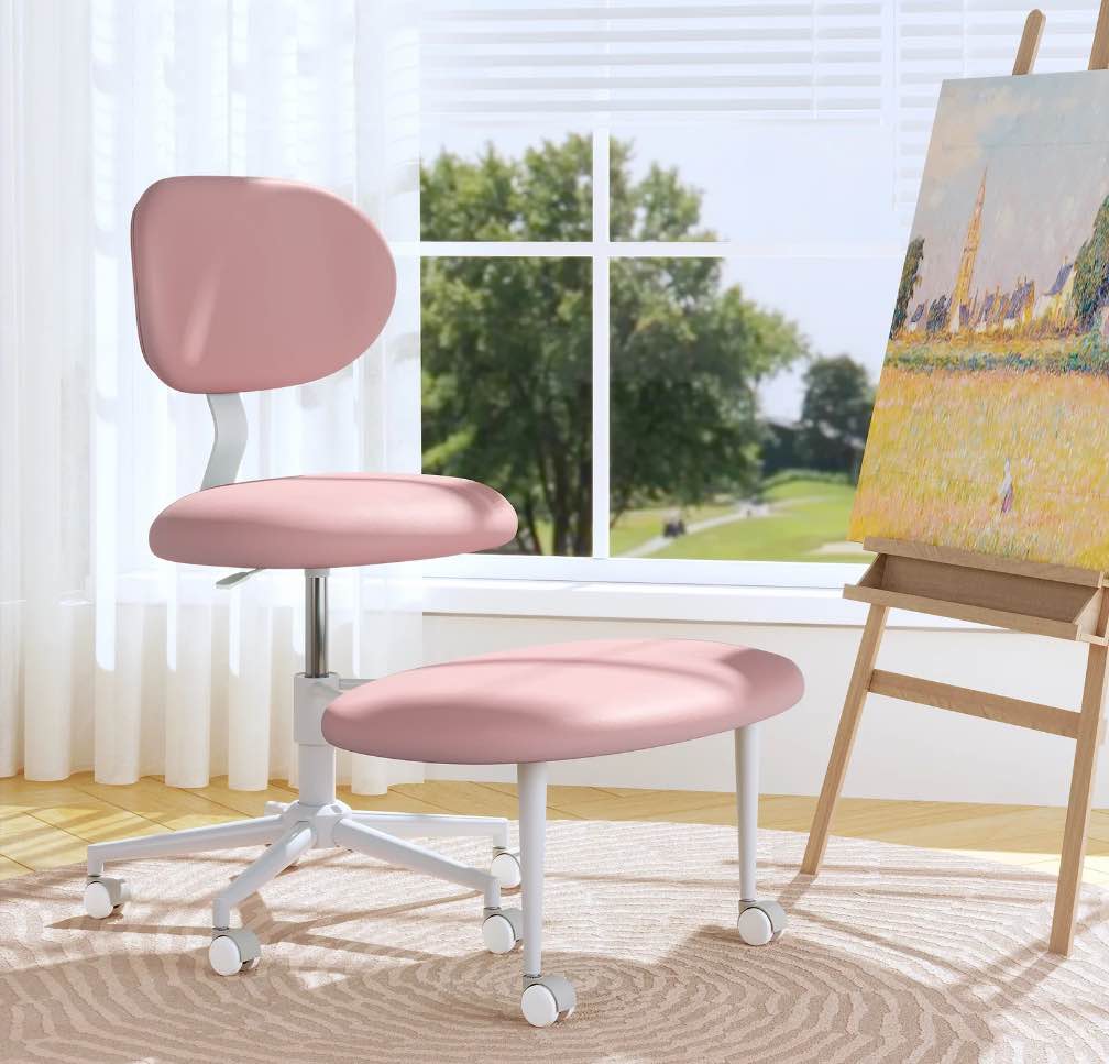 Pinmoco Leather Ergonomic Cross Legged Swivel Chair, Adjustable Height and Egg- Shaped, Meditation& ADHD Chair with Back Support, Home and Office, Macaron Pink