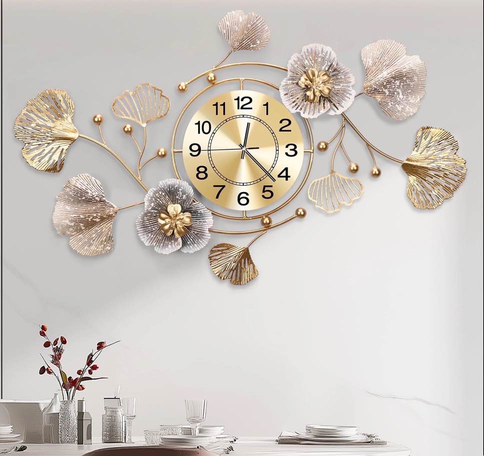 33"Large Wall Clock – 3D Metal Ginkgo Leaf Decorative Wall Clock, Non-Ticking Wall Clocks Battery Operated, Modern Clocks for Living Room, Gift-Ready for Home or Office