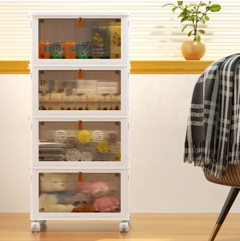 OKENTEN Plastic 92 Qt Storage Container 4 Tier Plastic Storage Bins with Lid 23QT Stackable Storage Containers with Wheels Folding Storage Boxes Stackable Storage Bins