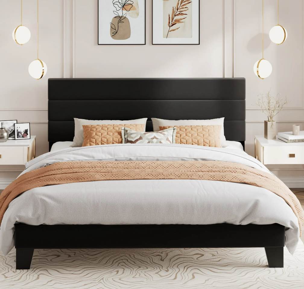 Amolife King Bed Frame, Platform Bed Frame with Velvet Upholstered Headboard, Black