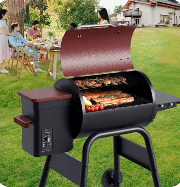 Vipuse Electric Wood Pellet Grill & Smoker with Side Shelf, 456 SQ.IN Grill Capacity with PID Temperature Control (180-425°F) for Patio Bake and Roast, Burgundy with Cover