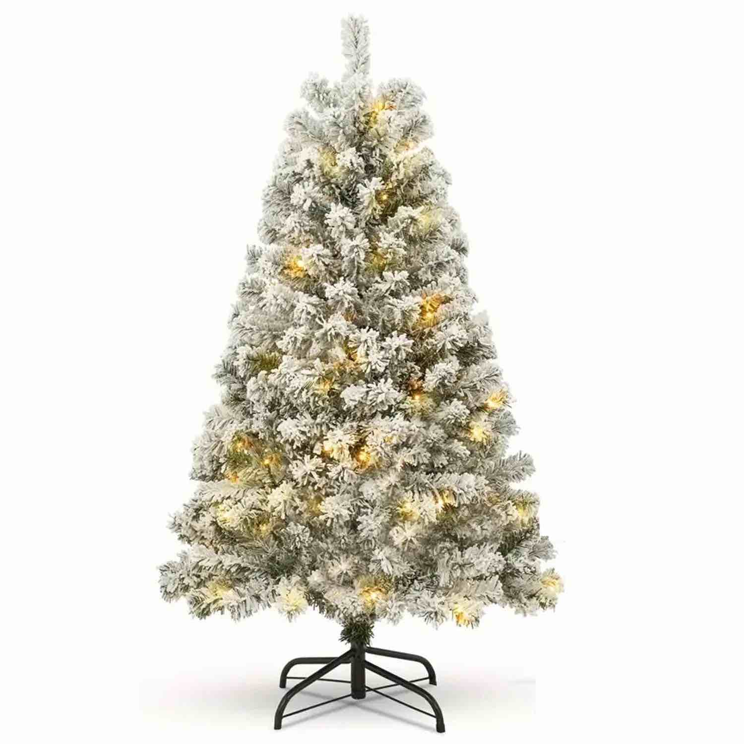 Qunler 3.5FT Pre-Lit Flocked Christmas Tree with 300 Branch Tips, Snow Artificial Xmas Tree with 100 LED Lights for Holiday, Outdoor, Indoor, Home