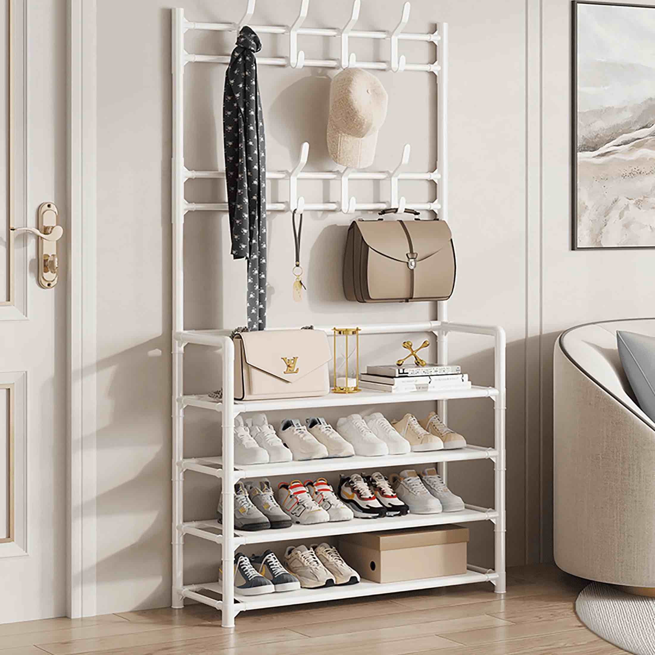 HioHa Coat and Shoe Rack, Hall Tree for Entryway with 4-Tier Storage Shelves,Storage Organizer with 8 Hooks for Bedroom, Hallway, Office, White