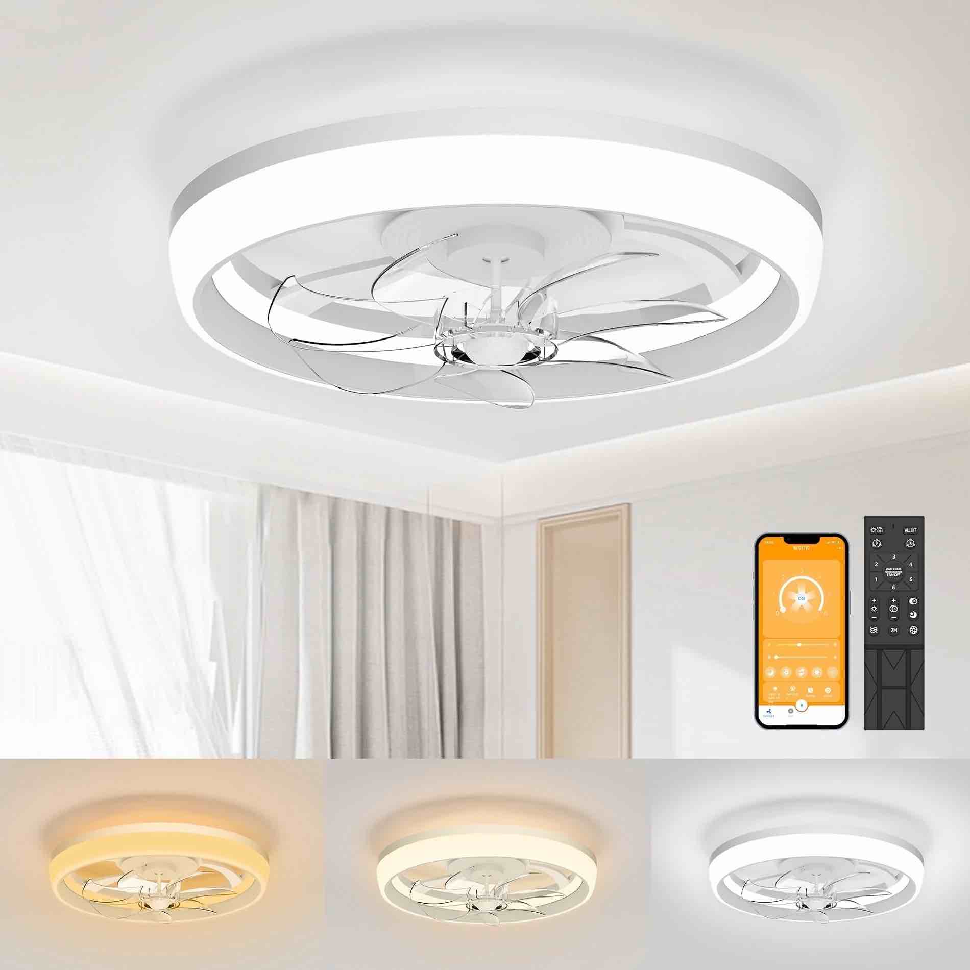 SKVEVN 19" Ceiling Fan with Light - 3 Colors Lighting, 6 Wind Speeds, Remote Control&APP, Modern Dimmable LED, Smart Ceiling Fan for Bedroom(White)