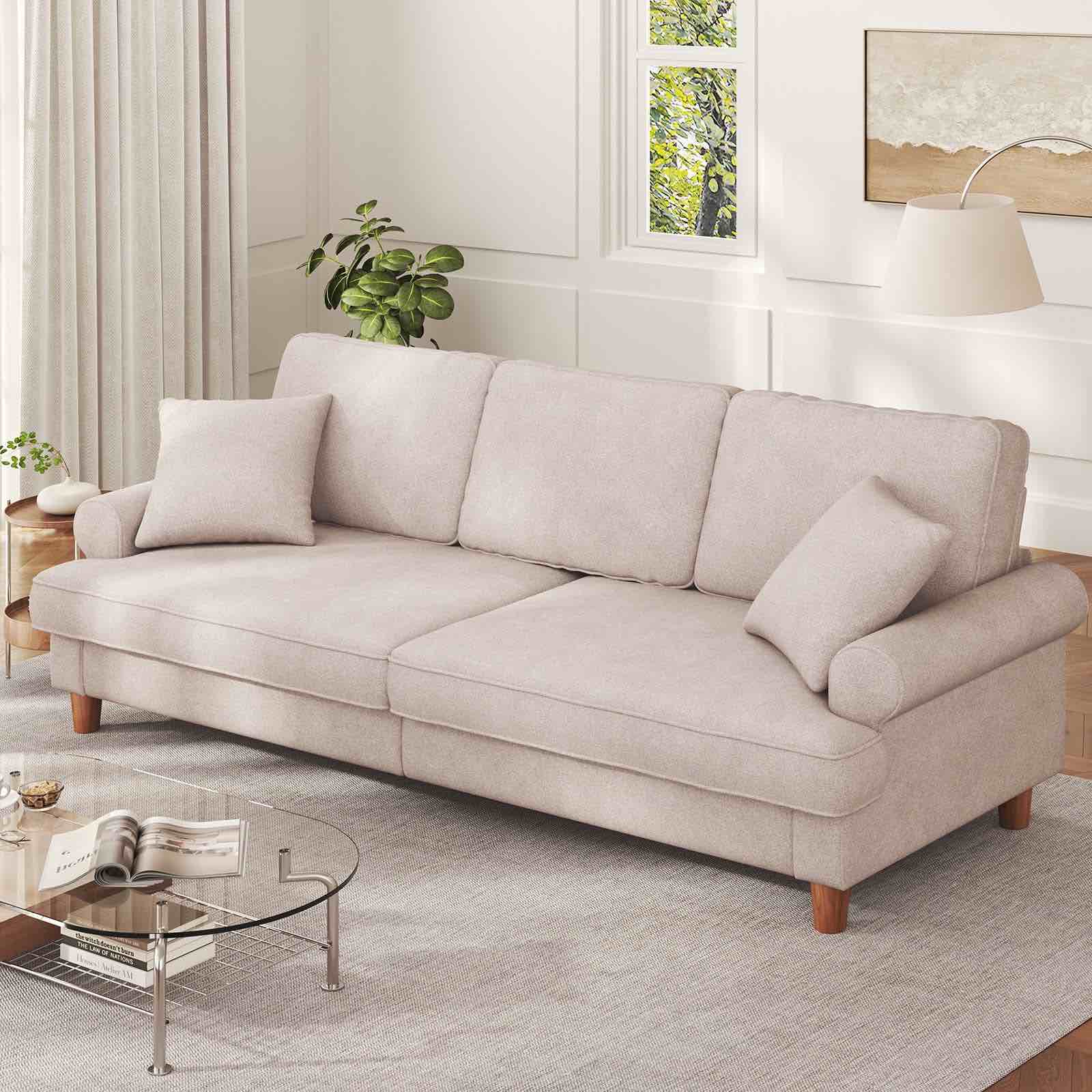 87" Sofa Couch, Comfy Extra Deep Seat 3 Seater Couch for Living Room with Soft Upholstered Round Arms,Free 2 Pillows,Beige