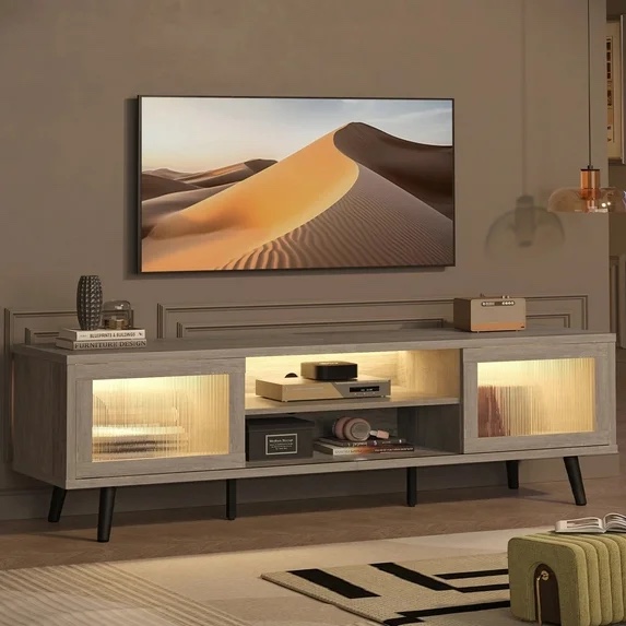 Bestier 63" LED TV Stand Entertainment Center for TVs up to 70" Console Table with Storage in Gray Wash