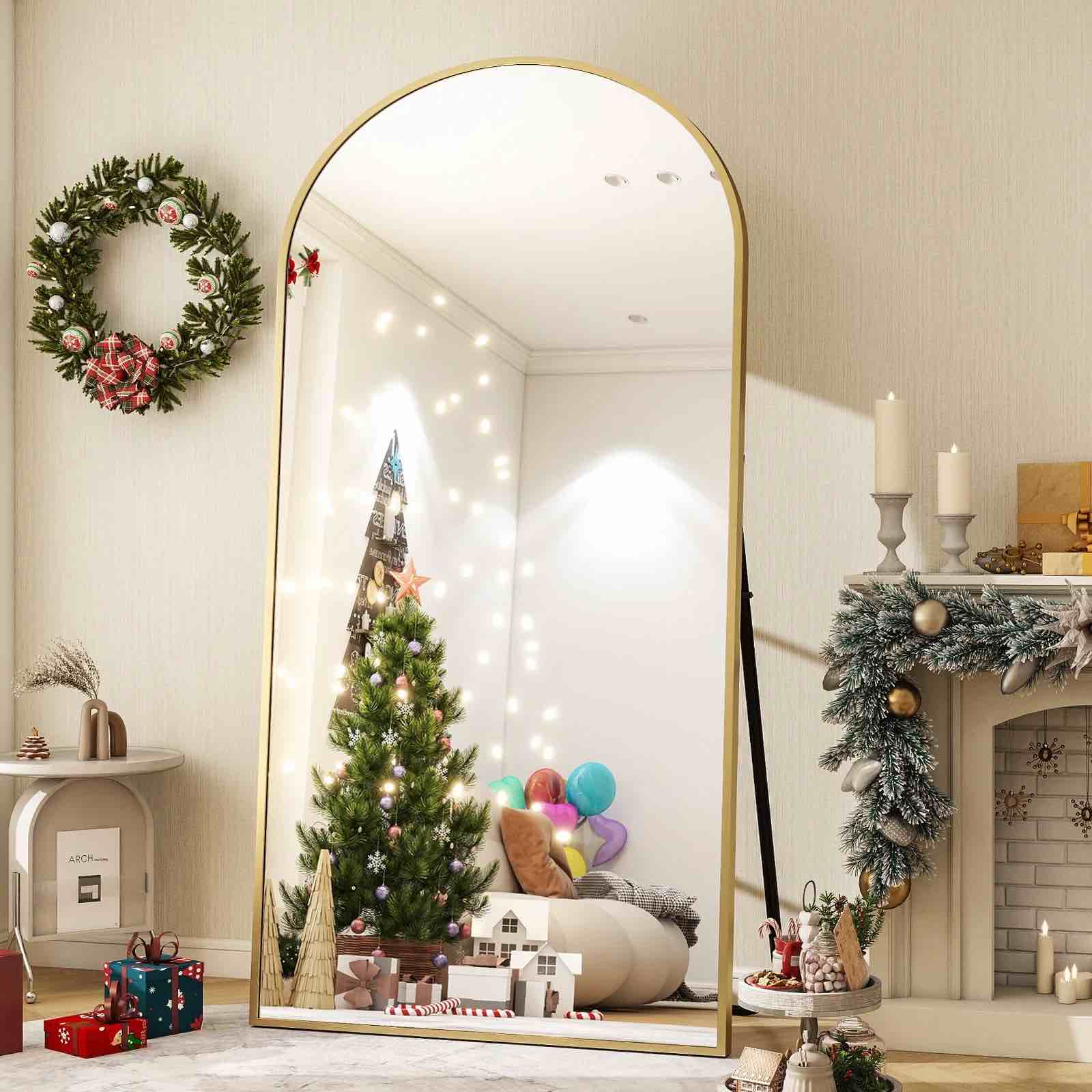 BEAUTYPEAK 76"x34" Oversized Arched Metal Framed Standing Mirrors, Gold