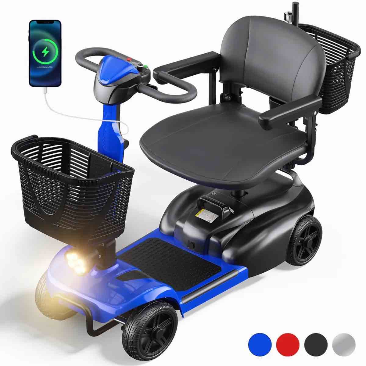 SACVON 4 Wheels Mobility Scooter with Cane Holder for Seniors, Electric Folding Wheelchair Device for Travel, Blue