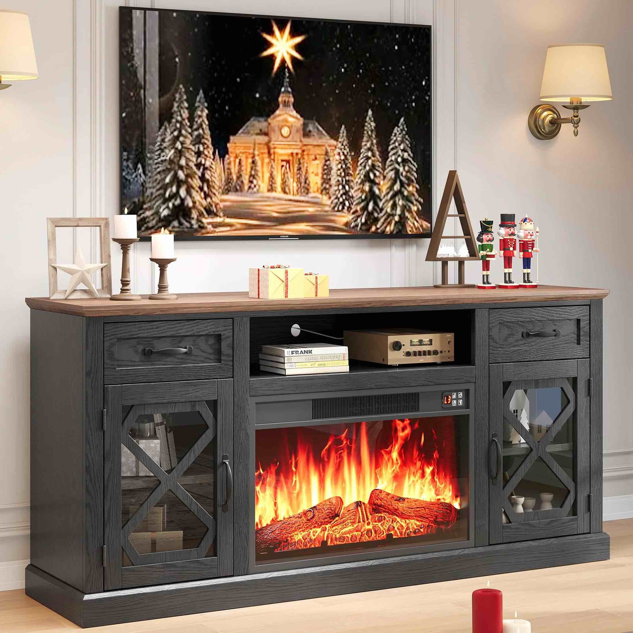  Fireplace TV Stand for 65 Inch TV, Modern Farmhouse TV Cabinet Entertainment Center Television Console Table for Living Room, Black+