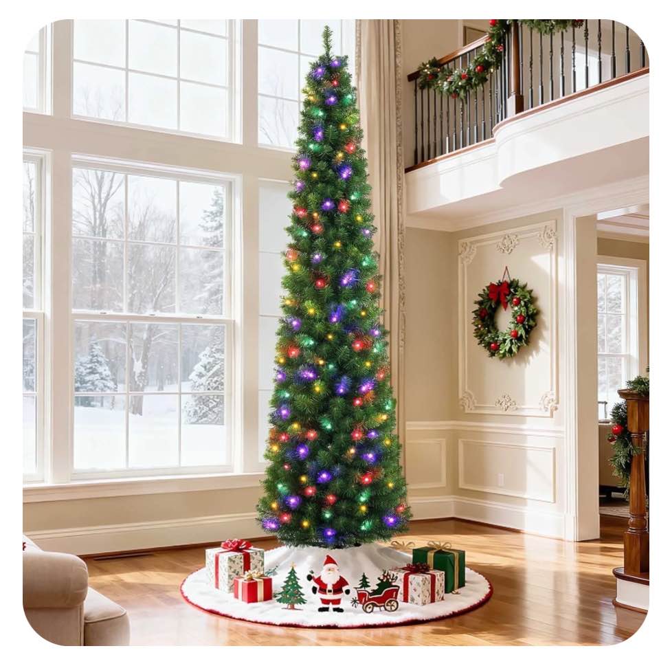 7.5ft Pre-Lit Pencil Christmas Tree, 663 Tip Artificial Xmas Tree with 200 Dual-Color LEDs, 10 Lighting Modes, Metal Stand, Green
