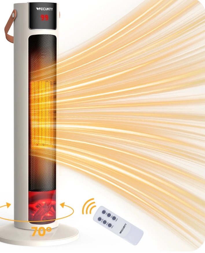 VECUKTY 26" Tower Space Heater with 3D Flame, 1500W Portable Electric Tower Electric Heater, 70 °Oscillation, 9H Timer,Remote Control for Indoor Bedroom Office Home