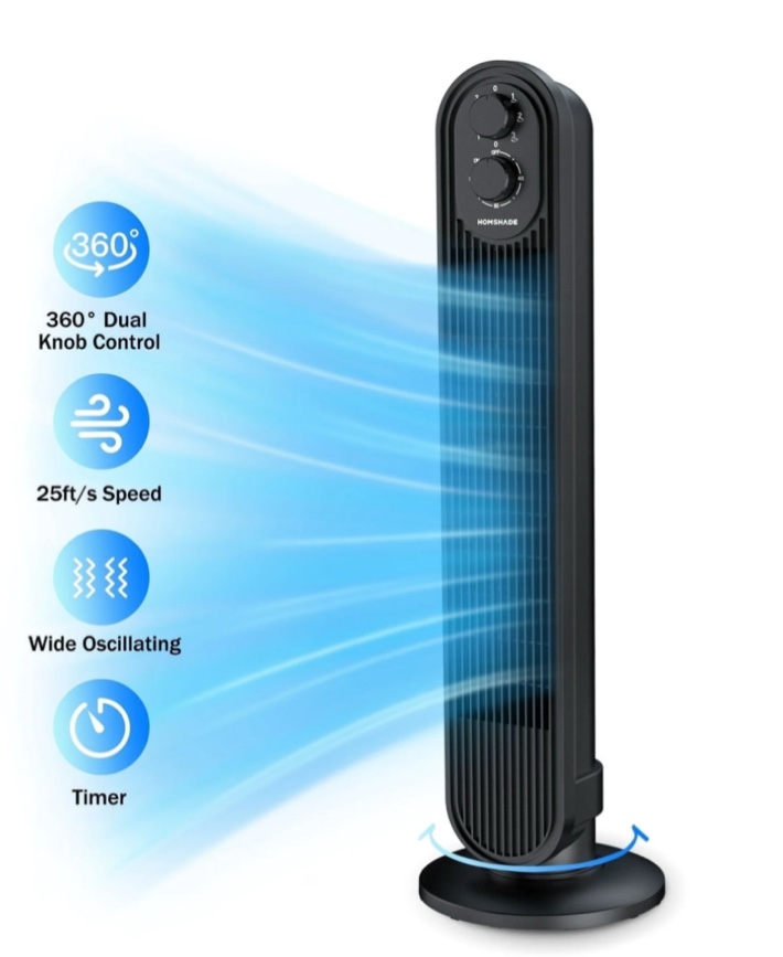 Tower Fan,31" Oscillating Standing Fan for Home,HOMSHADE Floor Fan with 360° Dual Knob Control ,3 Speed,Timer Bladeless Fan for Bedroom Office,Black