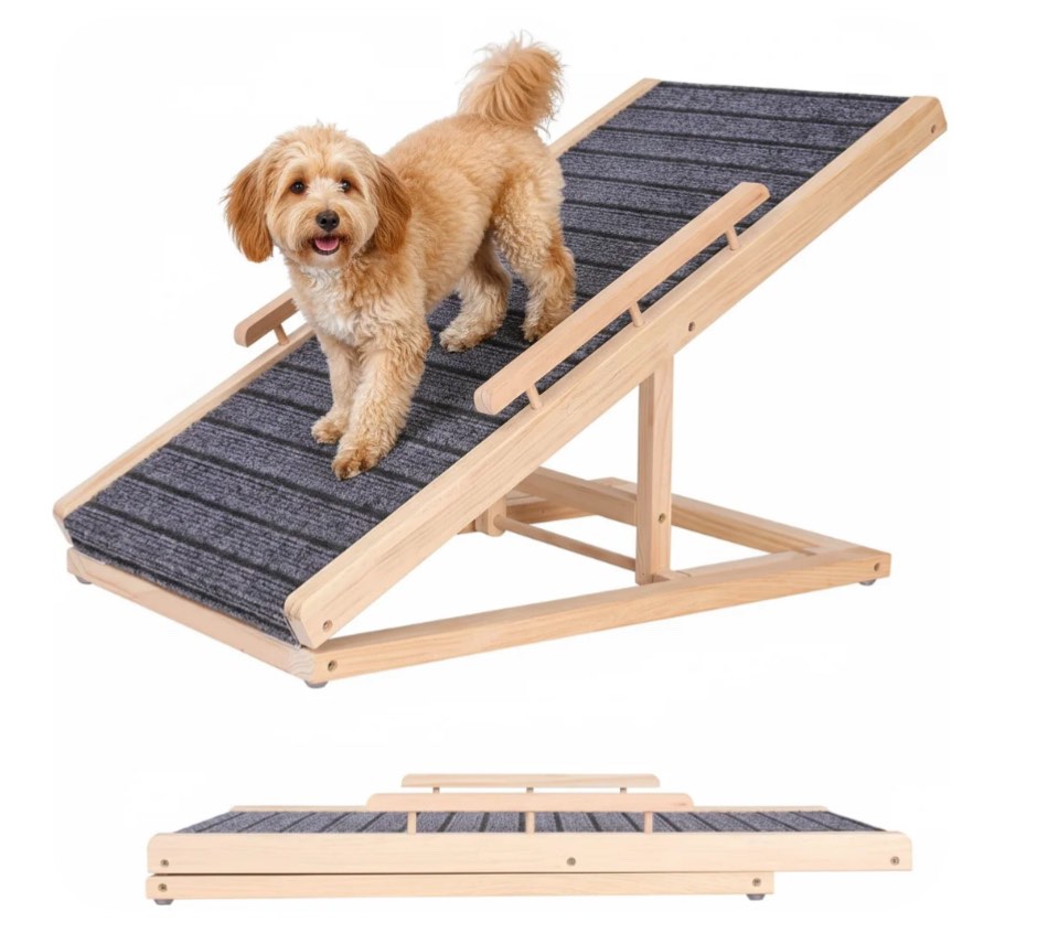MINGYI Adjustable Wooden Pet Ramp Stairs for Bed Couch Car SUV, Foldable Dog Ramp with Anti Slip ,for Small Large Dogs and Cats with handrail (27.6"L x 13.4"W x 15.7"H)