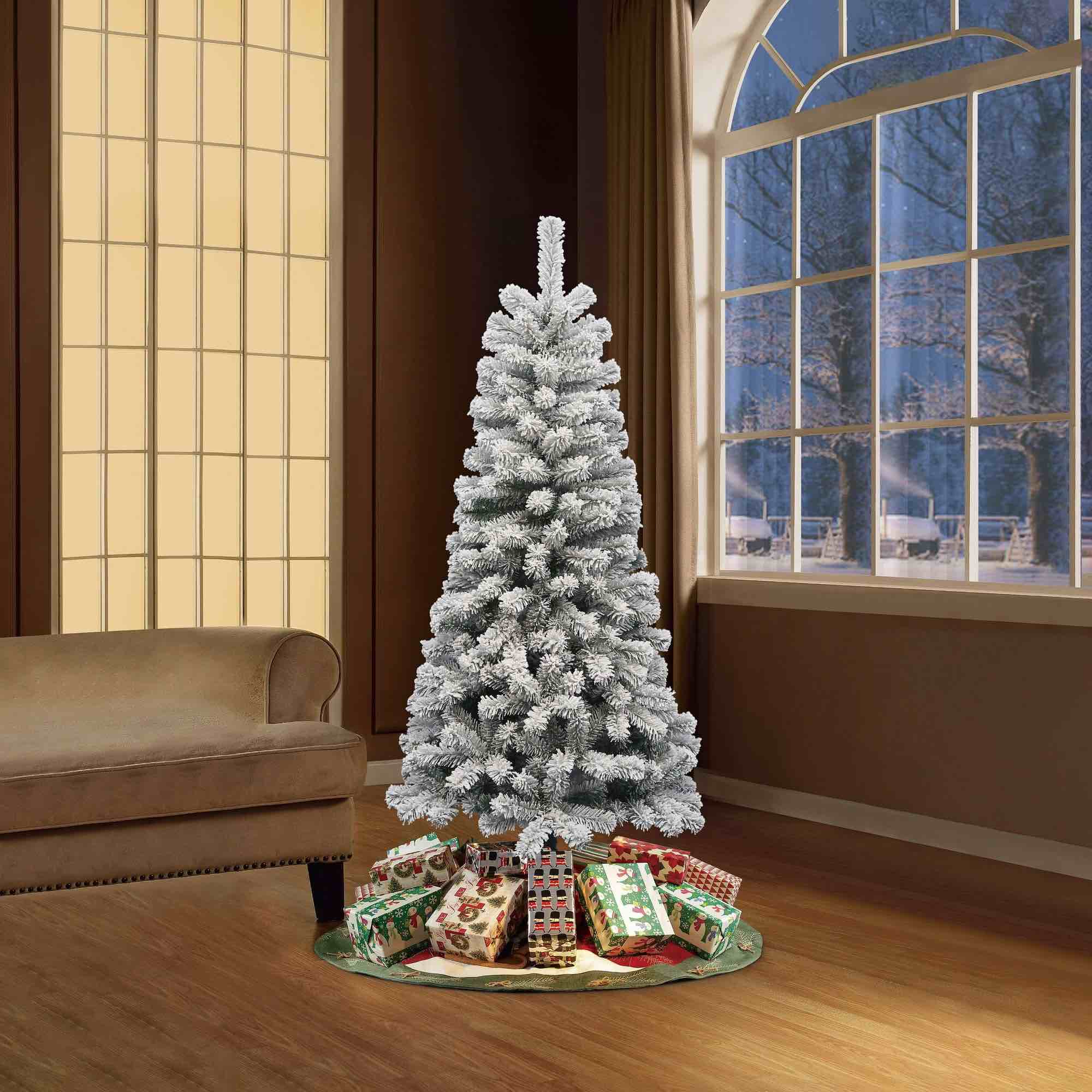 Artificial Flocked Christmas Tree,  Premium Unlit Pine Holiday Décor w/Full Branches, Metal Stand