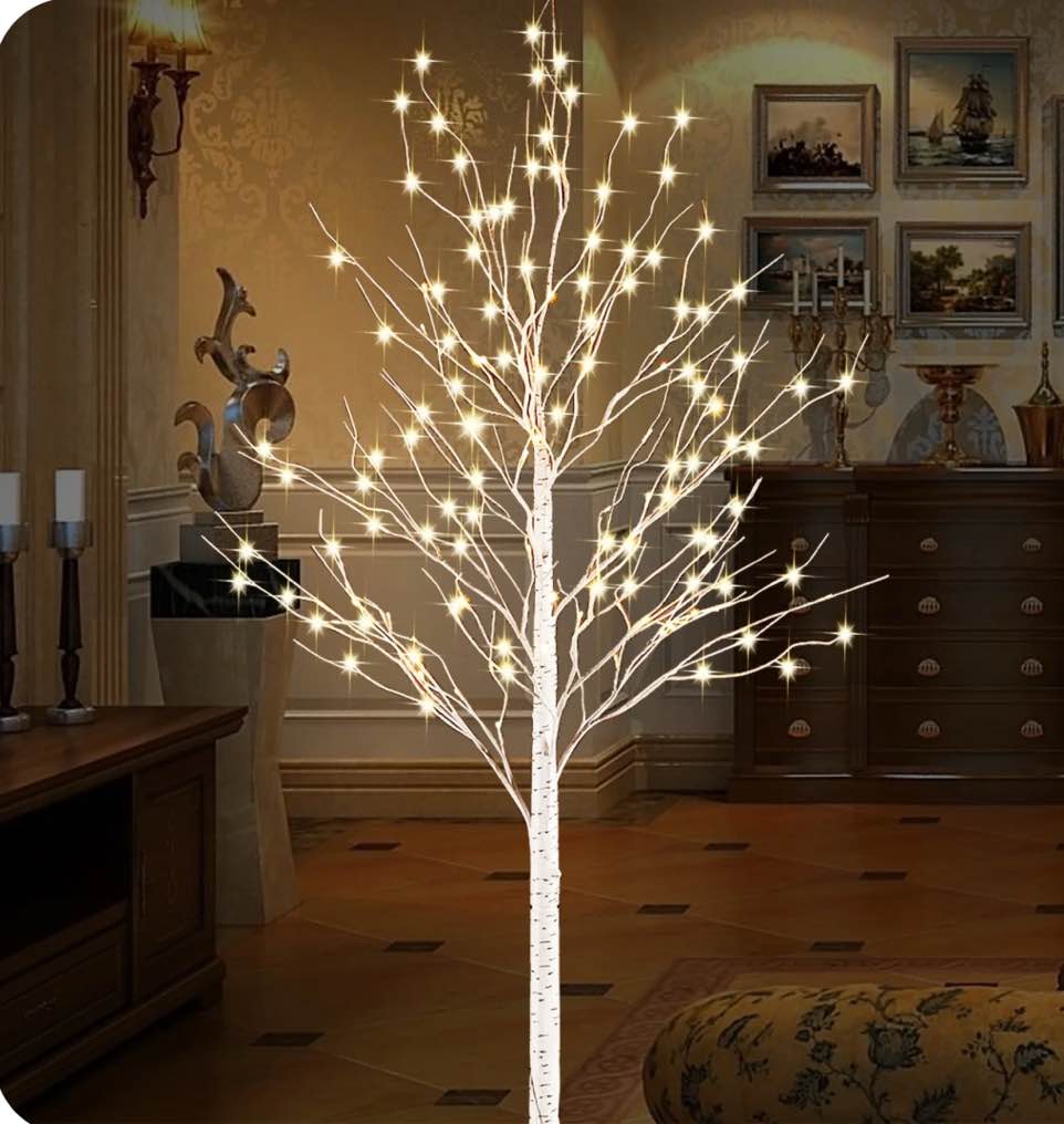 6 FT Birch Tree Light 440 pcs LEDs Warm White 8 Flashing Modes Remote Dimmable Lighted Trees for Home Decor Party Wedding Festival Decoration, etc. (Remote, Base and Plug Included)
