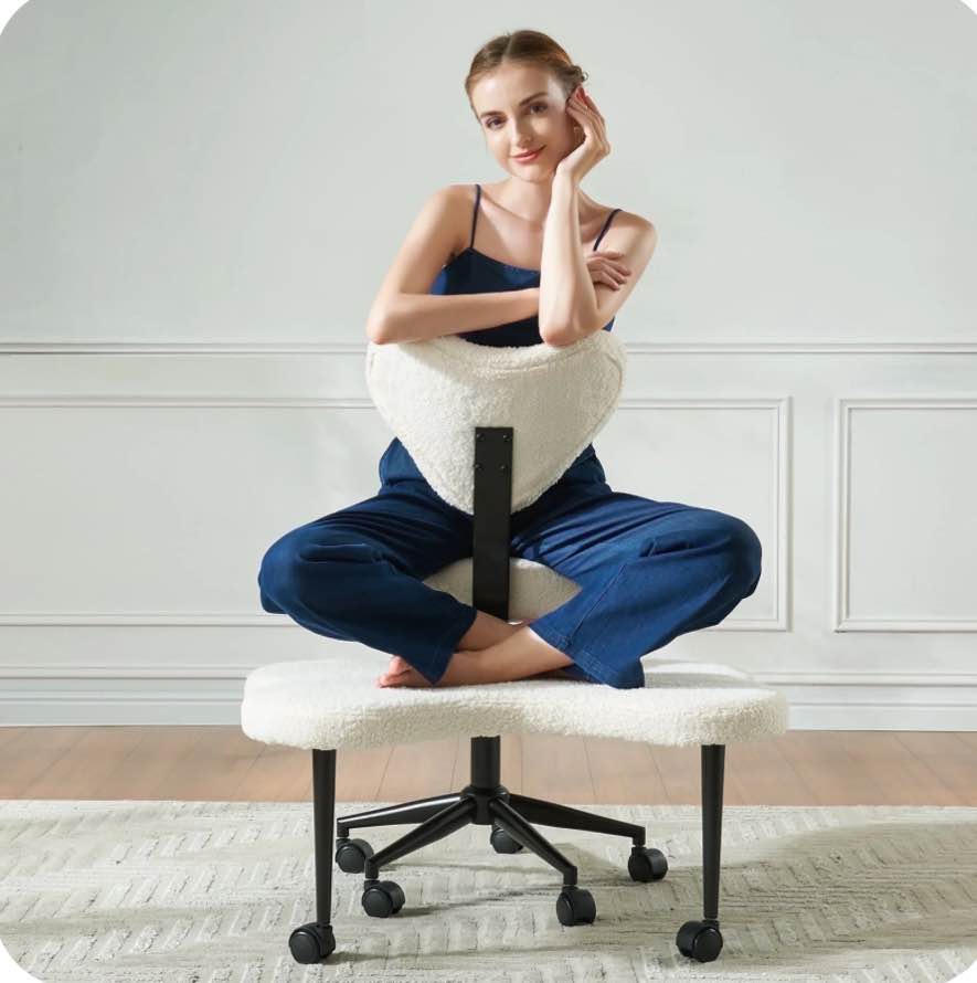 Pinmoco Ergonomic Cross Legged Swivel Chair, Adjustable Height and Teddy Fabric, Meditation Chair with Back Support, Home and Office, Off White