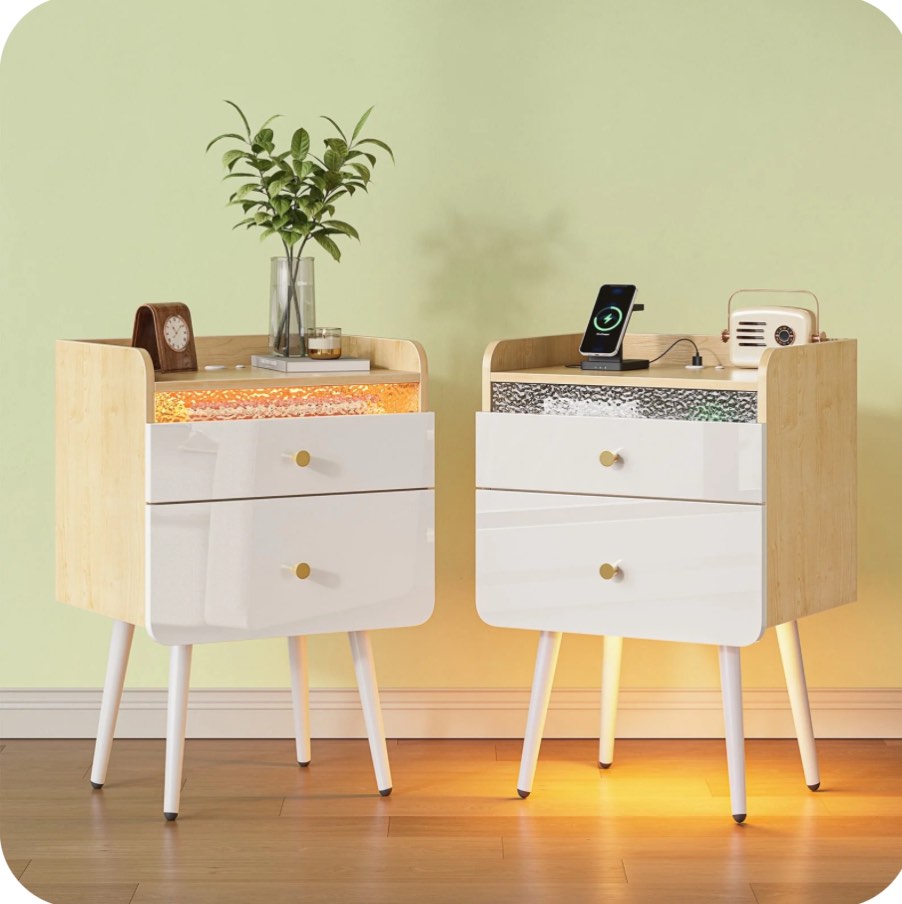 Pinmoco Set of 2 Tall Nightstand, 2 Drawers LED Bedside Tables with Charging Station and Top Fences, White & Oak