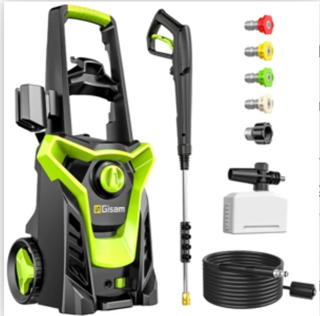Gisam Electric High Pressure Washer, 4300 PSI 2.5 GPM, with 4 Quick Connect Nozzles, Foam Can, for Cars/ Fences/ Driveways/ Patios / Home Cleaning
