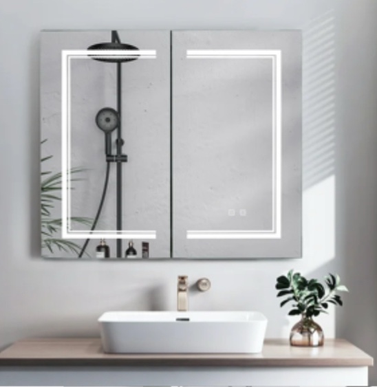 Ktaxon 32"x28" Bathroom LED Mirror Medicine Cabinet with Lights, Wall-Mounted w/ Defogger, Dimmable, Memory Function, Outlets & USB, White