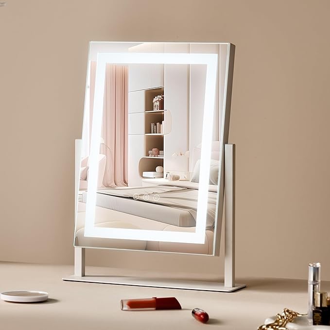 Vanity Mirror with Lights,28"x22"LED Mirror Makeup,Light up Mirror with  LED Bulbs for Bedroom,3 Colors Modes, Touch Control,  not included USB Charging Port, Type-C,(White) (( MISSING CHARGER ))