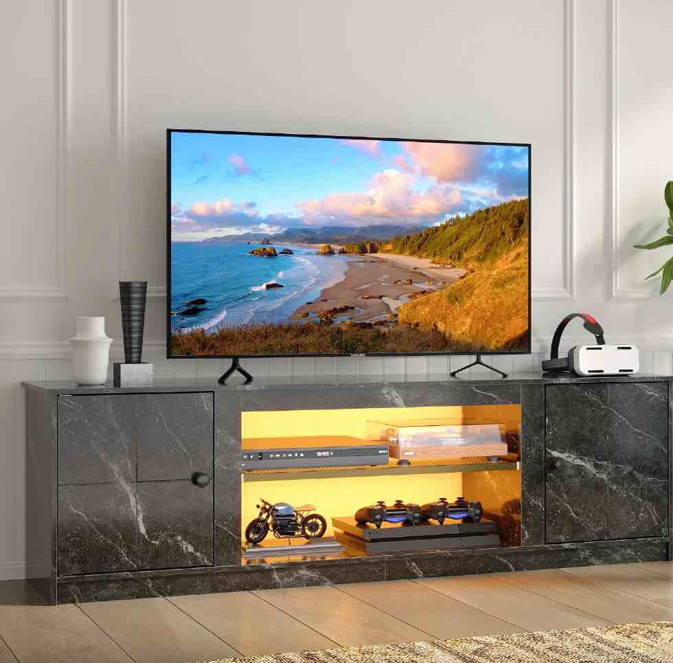 Pinmoco 63" LED TV Stand for TVs up to 70", Gaming Entertainment Center with Storage Cabinet and Adjustable Shelves, Black Marble