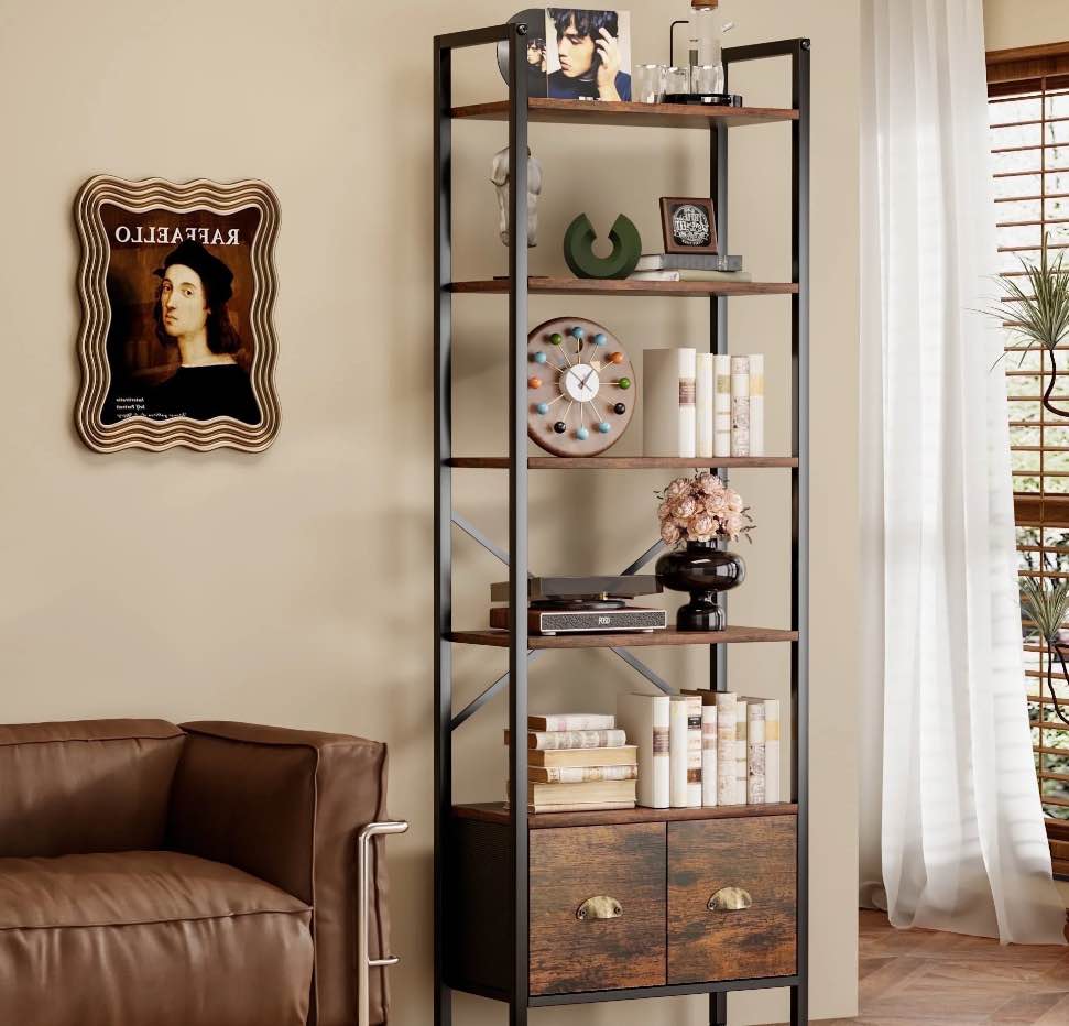 BEHOST 6-Tier Storage Rack Bookshelf with 2 Fabric Drawers, Tall Metal Frame bookcase for living room and Office, Rustic Brown