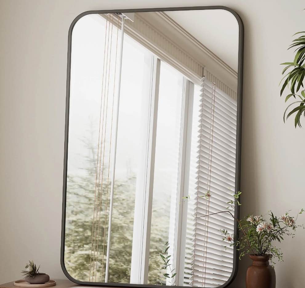 BEAUTYPEAK 24"x36" Wall Mirror Rounded Corners Hanging Vanity Mirror Black