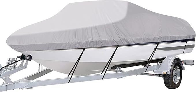 Boat Cover, 600D Heavy Duty Middle Reinforced, Waterproof Trailerable with Storage Bag for V-Hull, Tri-Hull, Fish & Ski, Runabout Bass Boat(40X25X18 CM )), Gray)