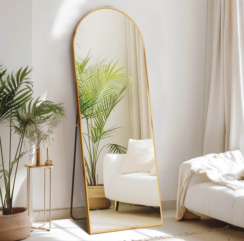 CONCETTA 64"x21" Arched Full Length Mirror, Full Body Standing Mirror Floor Mirrors, Gold
